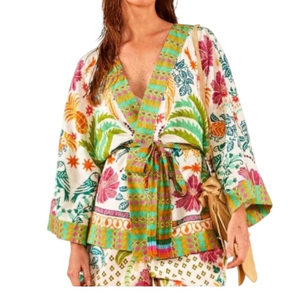 FARM Rio Other - Farm Rio Queen of Fruits Tropical Kimono Jacket SZ‎ Lge Tie Beaded Tassel Fringe